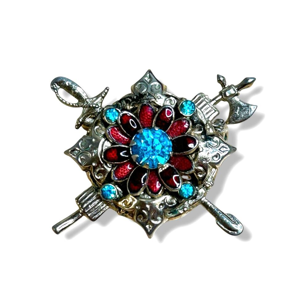 Coro Vintage Heraldic Shield Brooch Silver Tone Red Enamel Blue Rhinestone 1950s